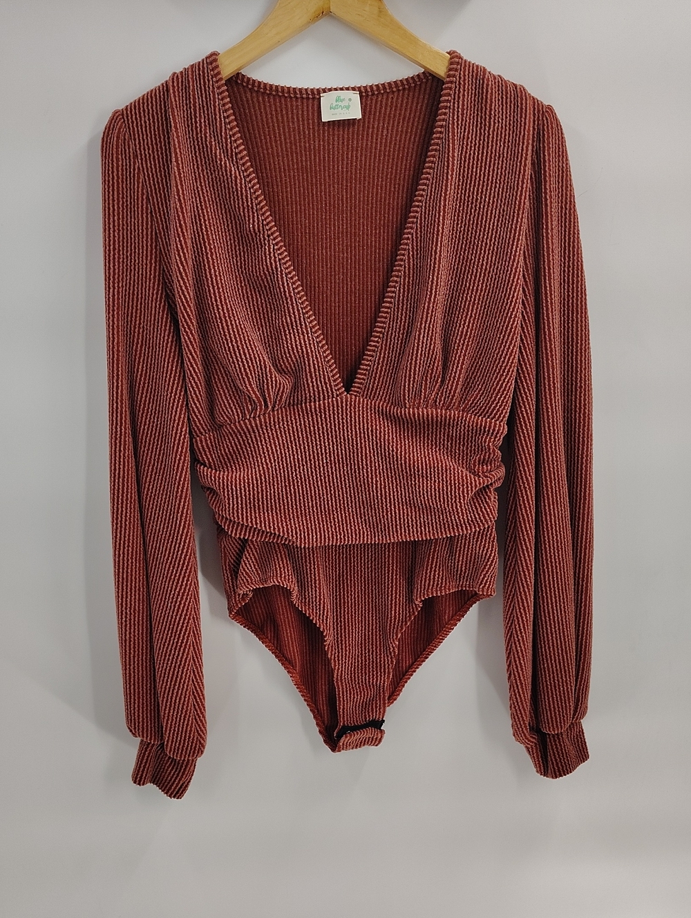 Blue Buttercup Bodysuit Medium Rust Long V Neck Long Sleeve Ribbed Stretch